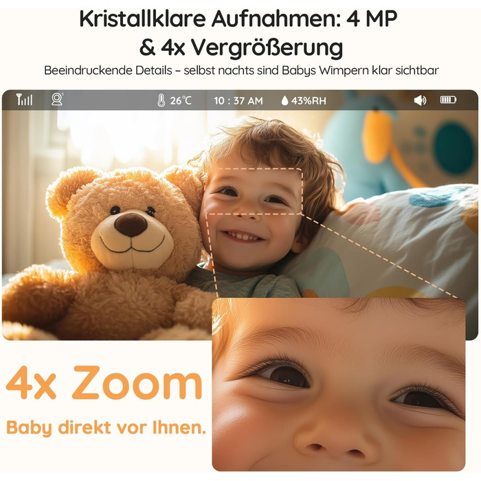 Відеоняня BOIFUN з камерою Wi-Fi 4MP, моніторинг через додаток, виявлення положення дитини, нічник, нічна зйомка, датчик руху/плачу/звуку, автотрекінг, сповіщення про вихід за межі зони