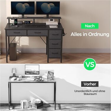 Комп'ютерний стіл Seventable з розетками та LED-підсвічуванням, 100 см, ігровий стіл з 5 ящиками та підставкою для монітора, для офісу, робочого кабінету, спальні, вітальні, чорний