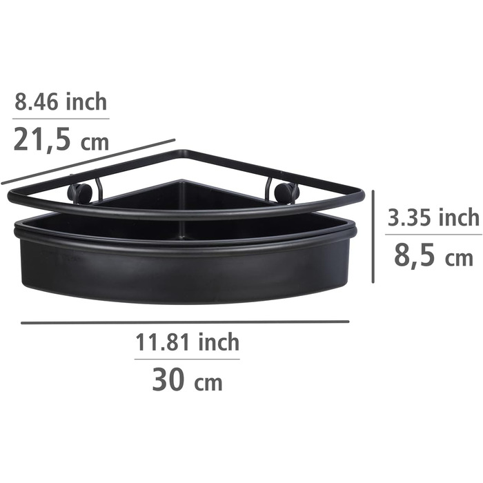 Кутова полиця Molinella, полиця для ванної кімнати з глибоким кошиком для надійного зберігання засобів по догляду, виготовлена з матової лакованої нержавіючої сталі з пластиковою вставкою, (Ш x В x Г) 30 x 8,5 x 21,5 см, чорна