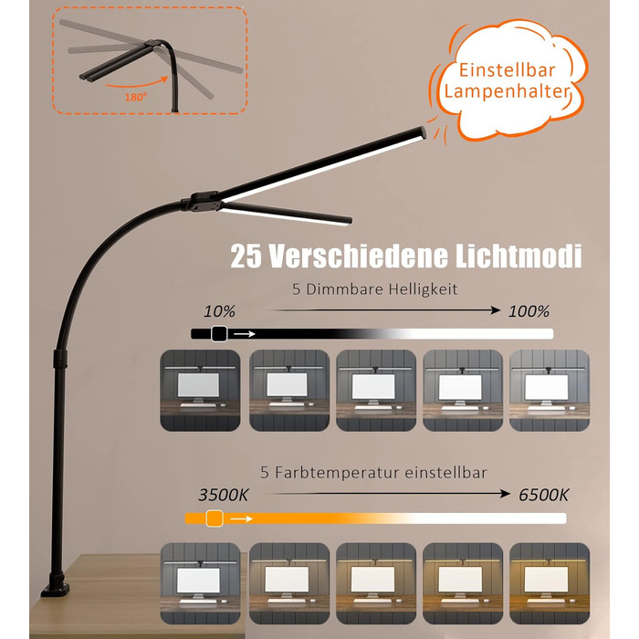 LED настільна лампа LOTTBUTY з гнушим шийкою, 24W, 80см, для офісу та дому, регулювання яскравості, денне світло, чорний колір