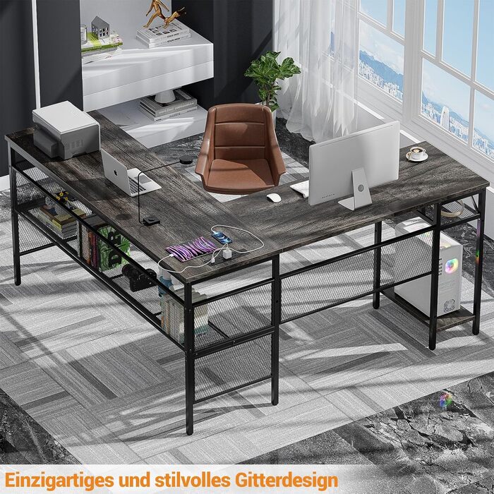 L-подібний ігровий стіл, 141x117x76 см, з полицею, для дому, офісу, навчання, ігор (гранатовий дуб)