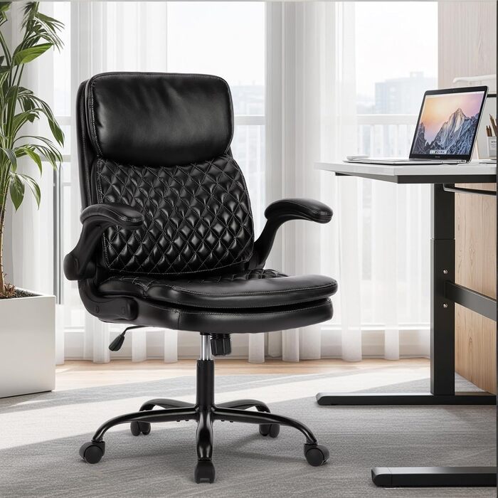 Офісний крісло Colamy: ергономічний, з високою спинкою, регульовані підлокітники, шкіряне покриття, чорний