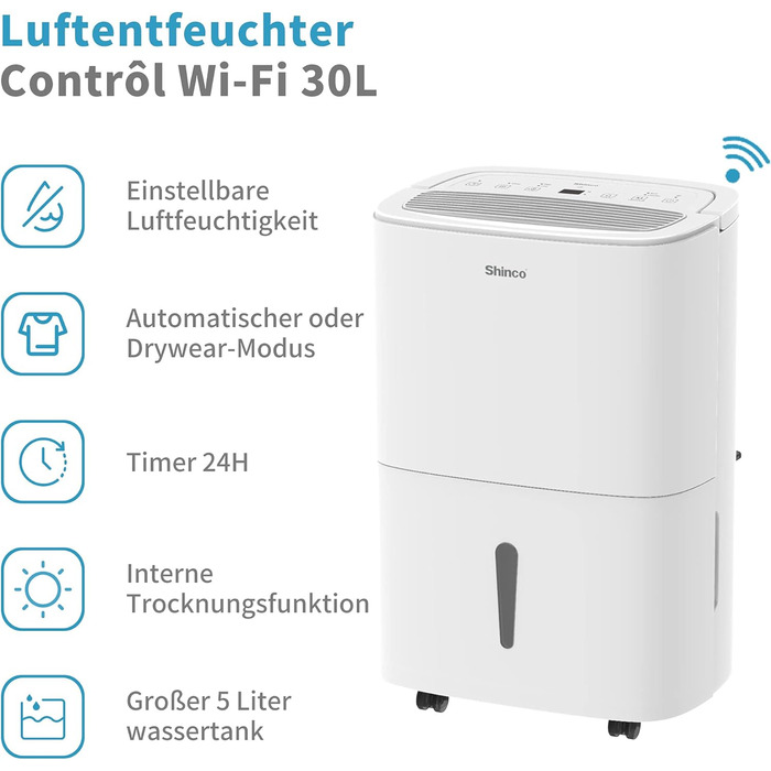 SHINCO 30L Електричний Зволожувач Повітря з Wi-Fi, для 105 м³, Автоматичний перезапуск, Таймер 24h, Фільтр Активне Вугілля, Безперервний Відлив SDZ1-30D