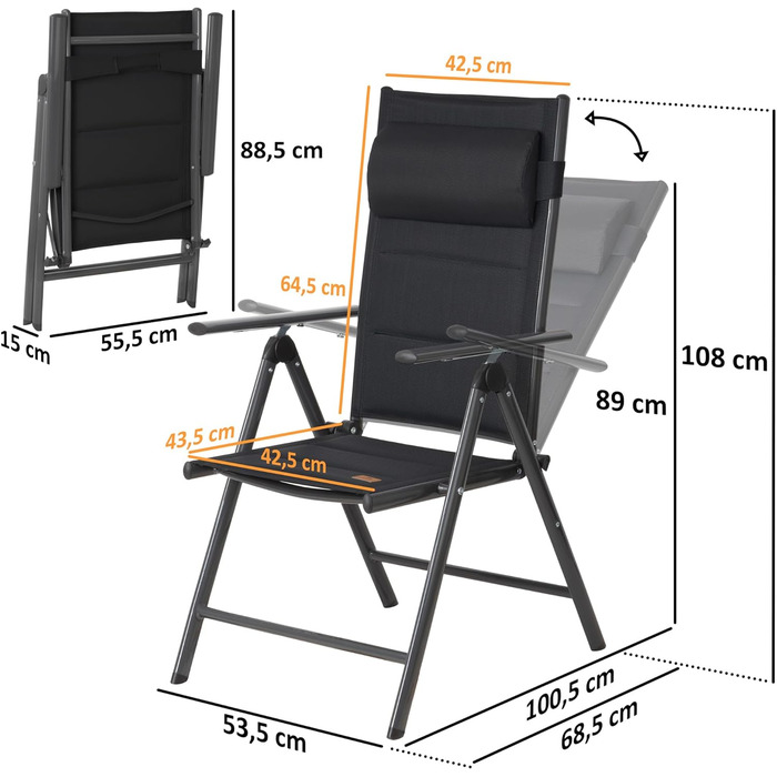 Кемпінгове крісло CampFeuer зі складною регульованою спинкою Шезлонг, знімна подушка на голову Садовий складаний стілець, Розкладний садовий стілець, регульоване садове крісло, балконні меблі (чорний)