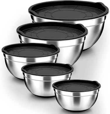 Набір мисок Homikit, 5 шт. з нержавіючої сталі, з кришкою та силіконовим дном, мультифункціональний, для салатів, 6.6L / 3.5L / 2.5L / 1.5L / 1L, чорний