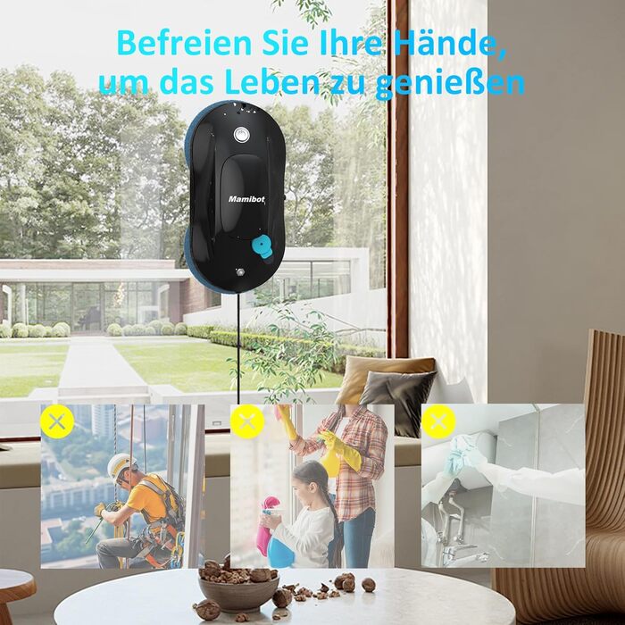 Робот для миття вікон Mamibot W110-P, автоматичний склоочисник з інтелектуальною навігацією, антифол, керування через додаток і пульт, для скла й плитки, 12 серветок, чорний