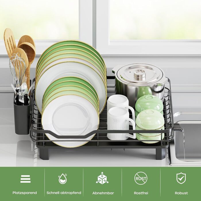 Сушарка для посуду ROTTOGOON розширювана, нержавіюча сталь, з висувним носиком та відділенням для столових приладів, чорна (1-рівнева)