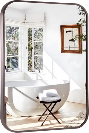 Дзеркало для ванної кімнати на стіну з округлим прямокутним корпусом та коричневим металевим каркасом, для ванної, прихожої, вітальні, спальні, вертикальне або горизонтальне, бронза (76.2L x 50.8B см)