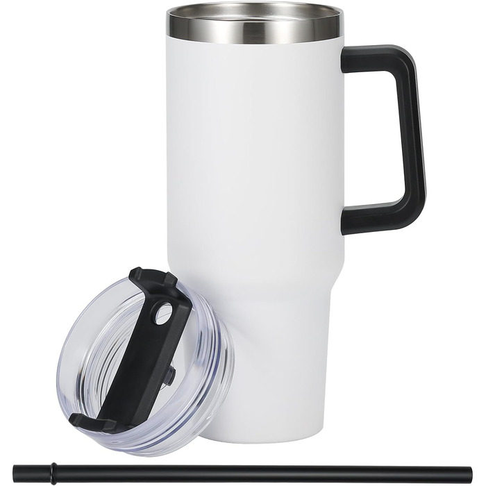 Кружка Olerd з кришкою, соломинка, нержавіюча сталь, вакуумована кружка для кави та морозива, ручка, двостінна дорожня кружка (біла)