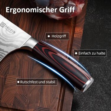 PAUDIN Ніж Сантоку з Дамаської сталі 13 см, професійний кухонний ніж для кухні, надзвичайно гострий, з високоякісної нержавіючої сталі та ергономічною ручкою G10 (ніж-сікач 18 см)