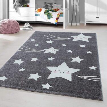Дитячий килим з коротким ворсом Smiling Star Design Дитяча кімната Ігрова кімната 11 мм Висота ворсу М'яка прямокутна кругла доріжка Розмір (120 х 170 см, сірий)