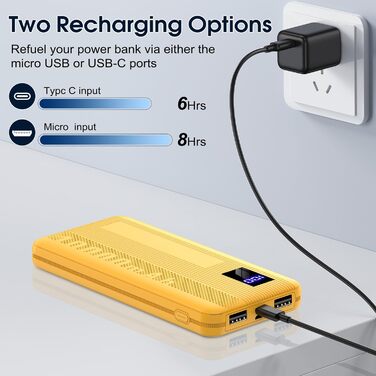 Маленький і потужний, USB-C, LED-дисплей, 2 виходи USB, Micro USB, портативний (жовтий), 10000mAh