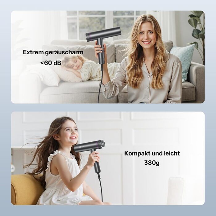 Професійний іонний фен для волосся CONFU 1700W, складаний фен з магнітним дифузором та стилізуючою насадкою, темно-сірий