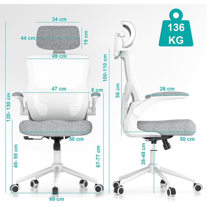 Ергономічне крісло для офісу з регульованою підголівником та поперековою підтримкою – високе офісне крісло з сітчастою спинкою та м'яким сидінням, вішалка для одягу та функцією блокування (білий та сірий)