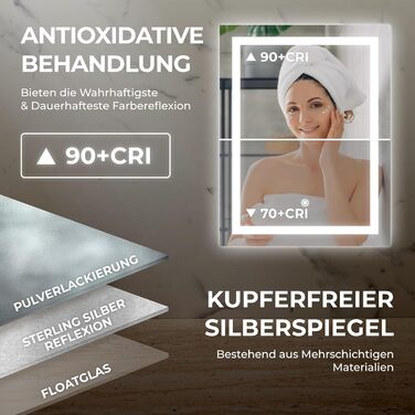 Дзеркало для ванної кімнати BR Bringer LED з підсвічуванням, 60x80 см, антизапарник, диммування, 3 кольори світла, сенсорне управління, функція пам'яті (BRS102)