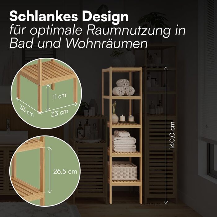 Бамбуковий шафка для ванної кімнати Bellamio Newa Badregal – 5 полиць, 140x33x33 см