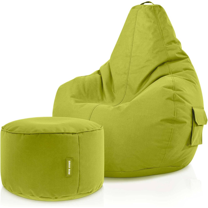 Крісло-мішок Green Bean з підлокітником 80x70x90см, 230л наповнювача, м'яке, для геймінгу, турецьке (2 шт: крісло-мішок + пуф, Cozy+пуф - зелений)