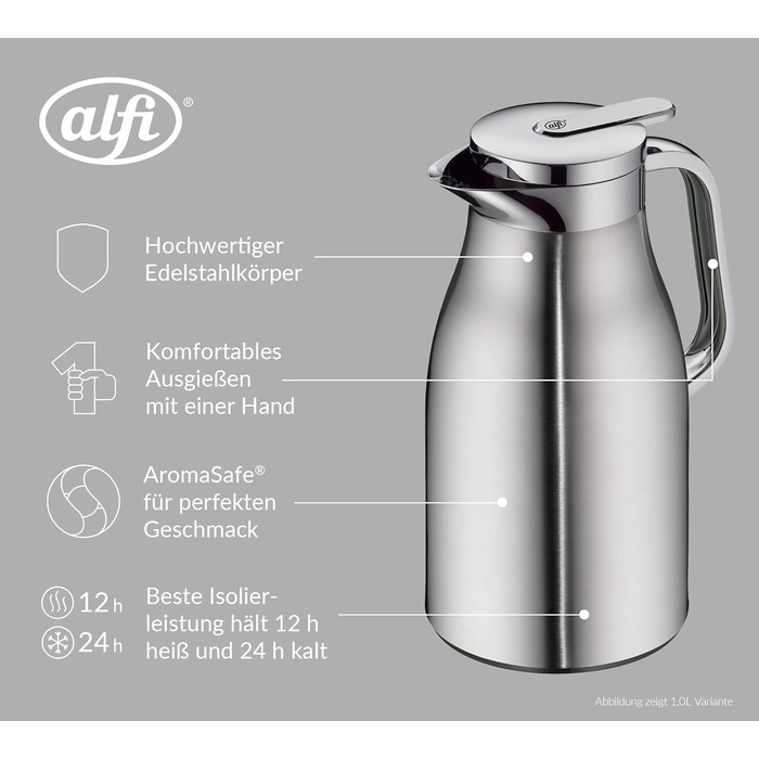 Термос Alfi SKYLINE 1,5л з нержавіючої сталі з вбудованим скляним вкладишем, поворотний замок з зручною кнопкою, ергономічна ручка, для використання однією рукою, ідеальний як кавоварка