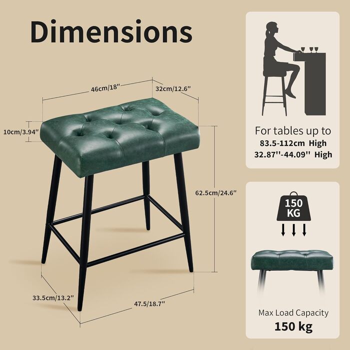 Набір з 2 барних стільців, м'яке сидіння з мікрофібри, ретро дизайн з підніжкою, висота 62.5 см, без спинки, для кухні, бістро, їдальні - сірий (зелений туфтинг)