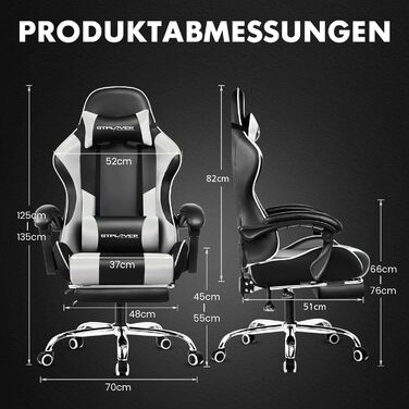 Ігровий крісло GTPLAYER з масажем, підніжка, підголовник, поперекова подушка, обертове, штучна шкіра, білий колір