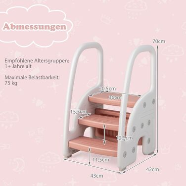 Дитячий триступеневий табурет-сходинка COSTWAY, регульована висота, знімний верхній щабель, неслизьке покриття, 50 кг, рожевий