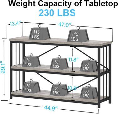 Металево-дерев'яна полиця IBF з 3 ярусами, індустріальний стиль, 120x34x74 см, сірий колір