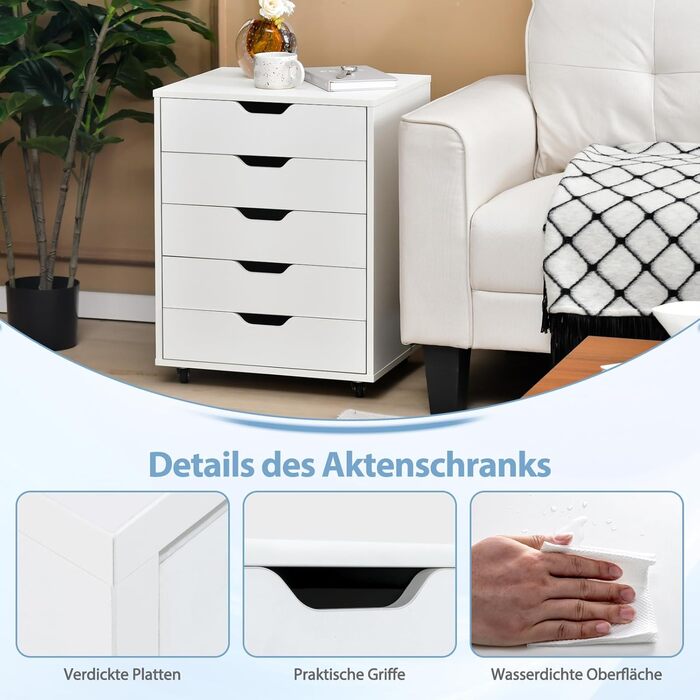 Контейнер GOPLUS з шухлядами, мобільний офісний шафка на колесах, білий, 48 x 39,5 x 65,5 см