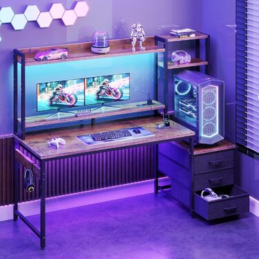 Ігровий стіл Coleshome з полицями та ящиками, 137x48 см. Стіл для геймінгу з LED-підсвічуванням та розеткою, комп'ютерний стіл з місцями для зберігання та підставкою для монітора (Коричневий)