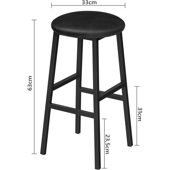 Барний стілець Manahcris, 2 шт. в наборі, 63 см, з PU-оббивкою, з підніжкою, для кухонної стійки, чорний