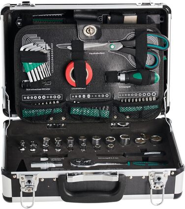 Набір інструментів Brüder Mannesmann 90 предметів в алюмінієвому кейсі M29067: плоскогубці, викрутки, тріскачка, тестер напруги