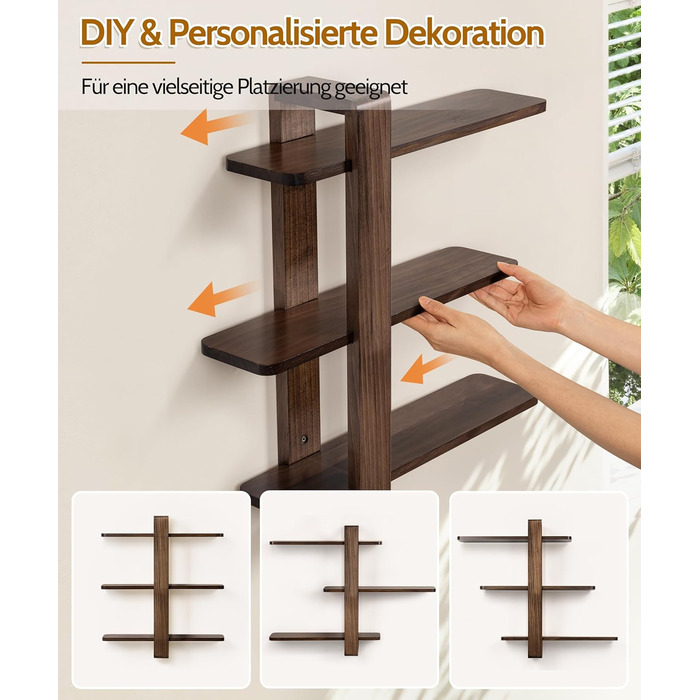 Полиця настінна SUMGAR з дерева, плаваючі полиці, 3-ярусна, декоративна, для вітальні, спальні, колір горіх, 50x58 см