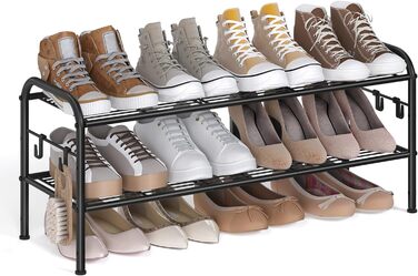 Полиця для взуття, полиця для взуття з 3 рівнями, металева полиця з 4 бічними гачками, для 12 пар взуття, регульована по висоті полиця, для вішалки для верхнього коридору, легка збірка, чорне чорнило (2 рівні (28 x 85 x 35 см))