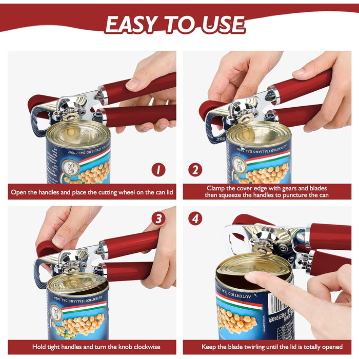 Відкривачка для консервів ручна, сталева, з великим зручним ручкою та відкривачем для пляшок (червона)