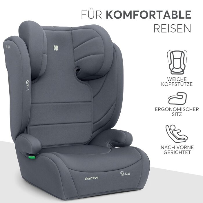 Автокрісло KikkaBoo 15-36 кг i-AID, група 2-3 (3-12 років), 100-150 см, без ISOFIX, регульована підголовник (сірий)