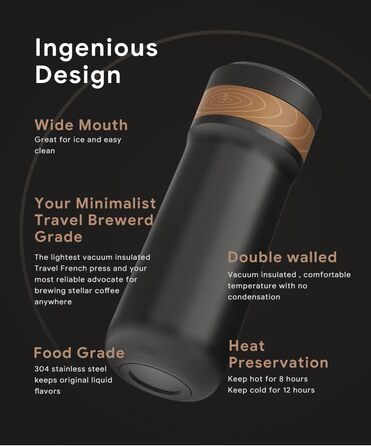 RECAFIMIL Французький прес для кави: портативна модель з нержавіючої сталі, 350 мл, ідеально підходить для кемпінгу та подорожей