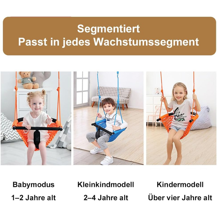 Дитяча гойдалка Nets Tribe 2-в-1: гойдалка-сидіння з регульованими мотузками для дому та саду. Міцний набір для ігор (зелений, світло-коричневий)