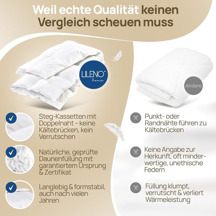 Преміум ковдра з пуху LILENO HOME 35x200 (90% пух / 0% перо) – надзвичайно тиха, м'яка та легка ковдра, виготовлена в Німеччині, сертифікат Oeko-Tex, прання при 60°C (135x200 см, зимова ковдра, 2 шт.)