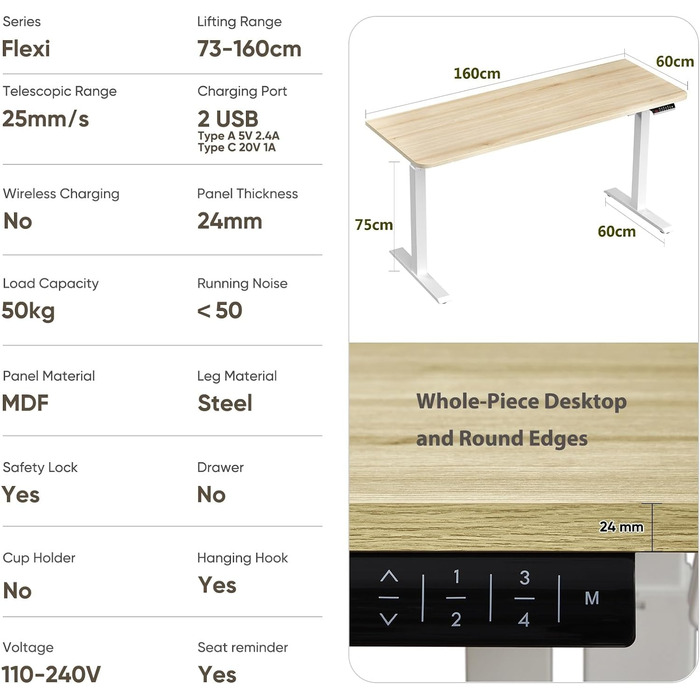 М електричний стіл з регулюванням висоти, ергономічний стіл сидячи-стоячи, комп'ютерний стіл зі стільницею, стоячий стіл 160x70 см з USB-портами типу кондиціонера для ігор, офісу, навчання (160 см, бежевий), 1,6