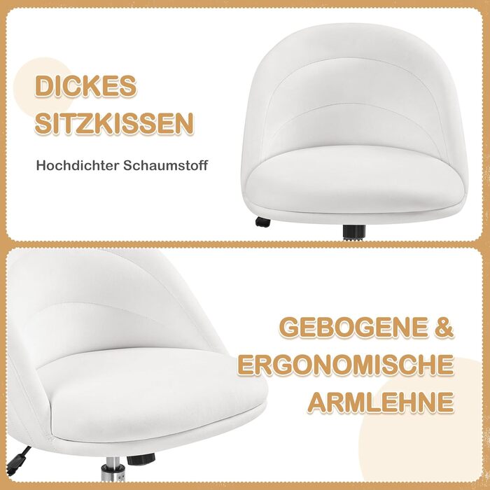 Крісло Yaheetech для дому та офісу: крісло для туалетного столика, обертове, з регулюванням висоти, на роликах, біле, до 136 кг
