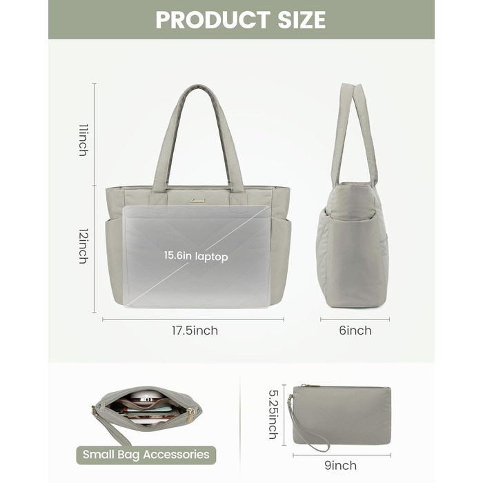 Сумка для ноутбука LOVEVOOK 15.6 дюймів, жіноча, shopper, велика, для роботи, навчання, універсальна, сіра, зелена