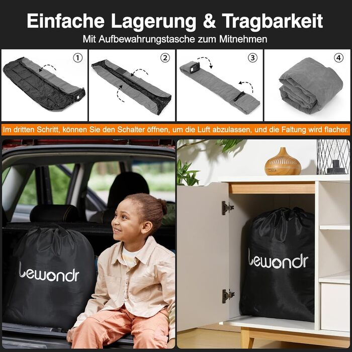 Надувне ліжко Lewondr на 2 особи з вбудованим насосом, 191x99x46 см, сірий, для кемпінгу, дому, гостей, подорожей (250 кг)