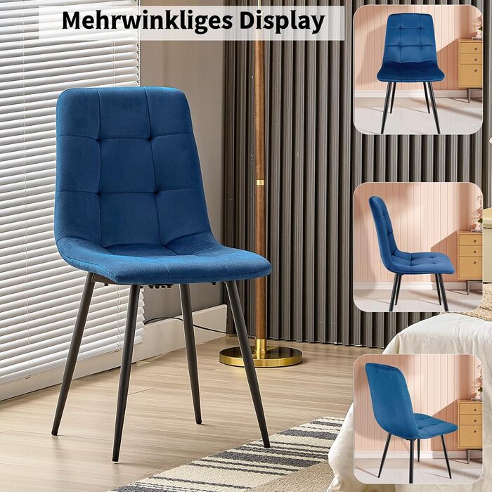 Набір обідніх стільців, м'який стілець з оксамитовою оббивкою та чорними металевими ніжками, кухонні стільці з номінальною вантажопідйомністю 120 кг, (6 шт., блакитний)
