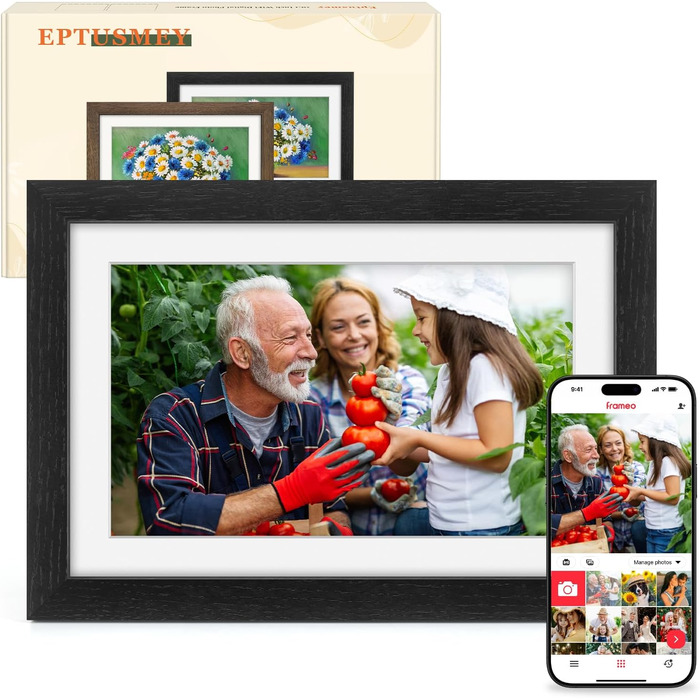 Frameo Цифровий фоторамка з Wi-Fi, 10.1 дюйма, горіх, 32GB, HD IPS сенсорний екран, відтворення фото/відео через додаток Frameo, подарунок для чоловіків та жінок