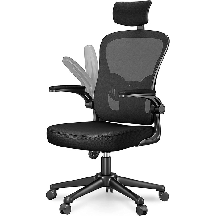 Офісний стіл Ergonomischer Bürostuhl з дихаючою сіткою, регульовані підлокітники, підголівник, поперекова підтримка, регулювання висоти, поворотний стілець на 360°, темно-чорний