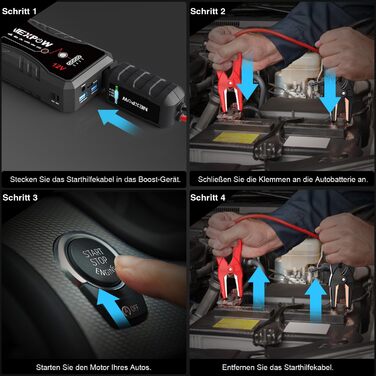 Powerbank Starthilfe NEXPOW 1500A: Зарядний пристрій для автомобіля, стартер, LED ліхтарик, USB, 12V, 1500A