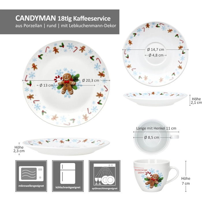 MamboCat Candyman 18-ти частинний кавовий сервіз з порцеляни для 6 осіб з новорічним дизайном (6 чашок 160 мл, 6 підставок, 6 тарілок)