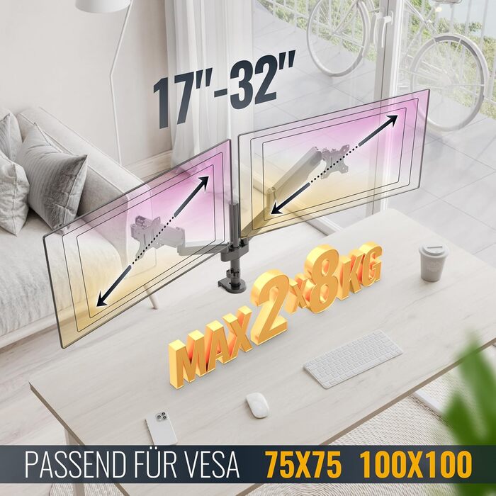 Підставка для монітора RICOO TS3911 для 2 моніторів, газ-амортизатор, VESA 75x75/100x100, 17-32 дюйми