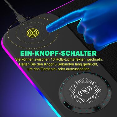 Ігрова підставка для миші RGB з бездротовою зарядкою Qi 15W, LED-підсвічування, 10 режимів, водонепроникна, протиковзна, для геймінгу, ПК, офісу (чорний PU)