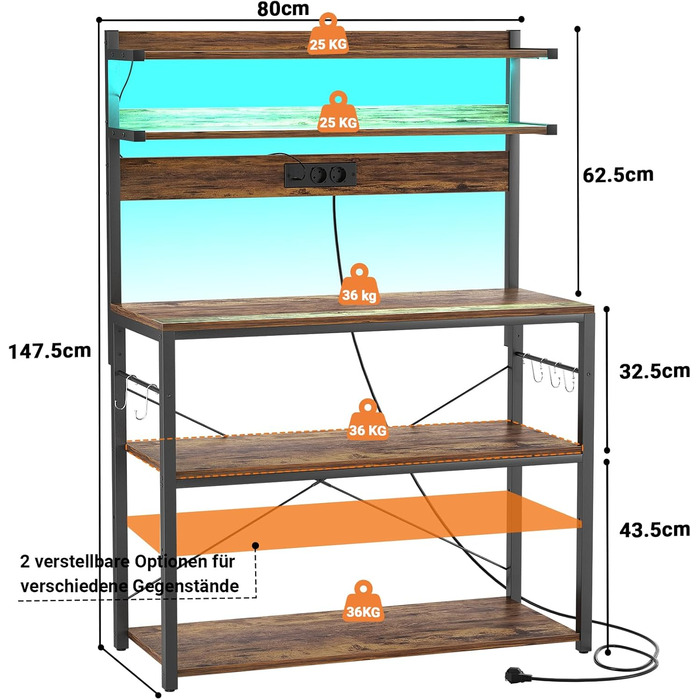 Кухонна полиця-стійка з розеткою, підставка для мікрохвильовки, 5-ярусна кавобар з LED-підсвічуванням, полиця для спецій, каструль та сковорідки, коричнева, 80 см