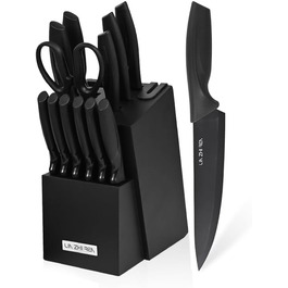 Набір ножів кухонних 15 предметів з точилкою, чорний. Для нарізання, подрібнення, кубиків. Сумісний з посудомийною машиною